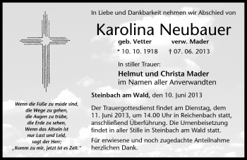 Traueranzeige von Karolina Neubauer von Neue Presse Coburg
