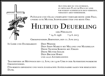 Traueranzeige von Hiltrud Deuerling von Frankenpost