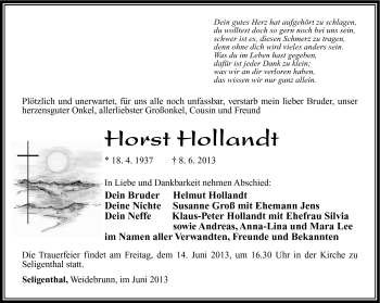 Traueranzeige von Horst Hollandt von Südthüringer Presse
