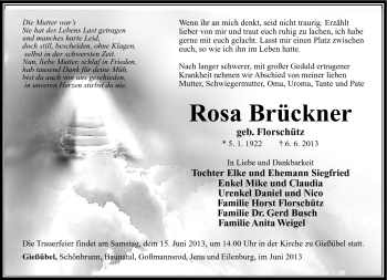 Traueranzeige von Rosa Brückner von Südthüringer Presse