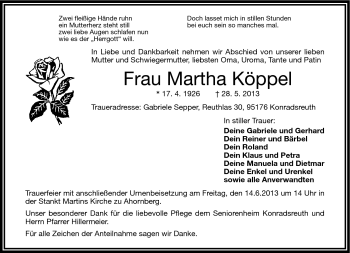 Traueranzeige von Martha Köppel von Frankenpost