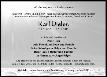 Traueranzeige von Karl Diehm von Südthüringer Presse