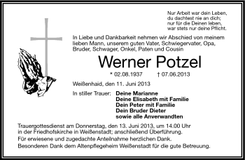 Traueranzeige von Werner Potzel von Frankenpost