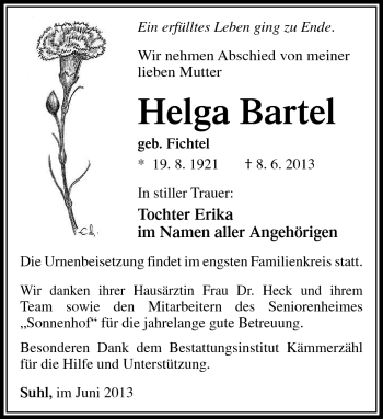 Traueranzeige von Helga Bartel von Südthüringer Presse