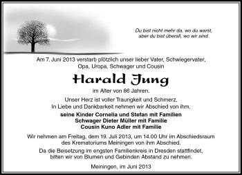 Traueranzeige von Harald Jung von Südthüringer Presse