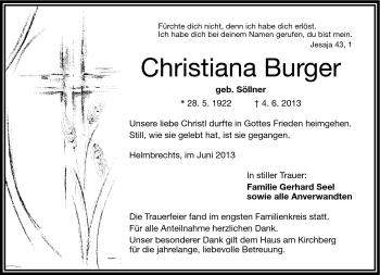 Traueranzeige von Christiana Burger von Frankenpost