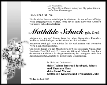 Traueranzeige von Mathilde Schuck von Südthüringer Presse
