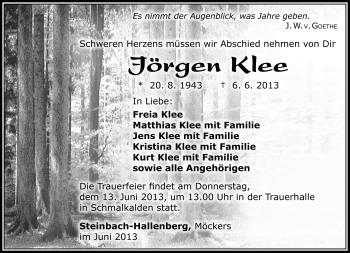 Traueranzeige von Jörgen Klee von Südthüringer Presse