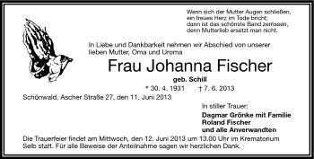 Traueranzeige von Johanna Fischer von Frankenpost