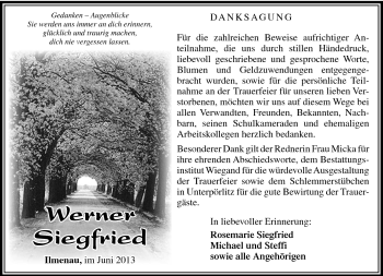 Traueranzeige von Werner Siegfried von Südthüringer Presse