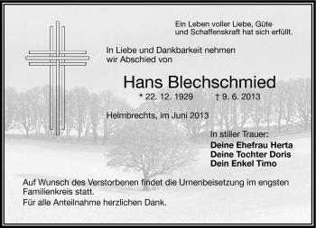 Traueranzeige von Hans Blechschmied von Frankenpost