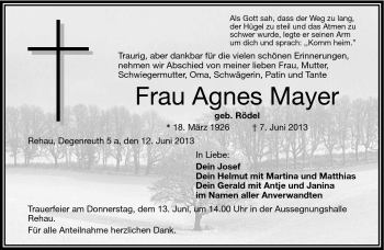 Traueranzeige von Agnes Mayer von Frankenpost