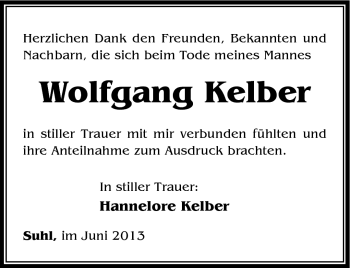 Traueranzeige von Wolfgang Kelber von Südthüringer Presse