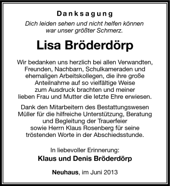 Traueranzeige von lisa Bröderdörb von Südthüringer Presse