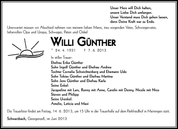 Traueranzeige von Willi Günther von Südthüringer Presse