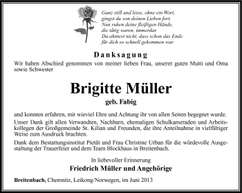 Traueranzeige von Brigitte Müller von Südthüringer Presse