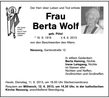 Traueranzeige von Berta Wolf von Frankenpost