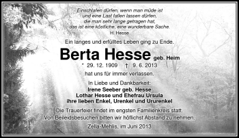 Traueranzeige von Berta Hesse von Südthüringer Presse