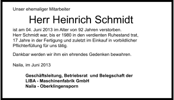 Traueranzeige von Heinrich Schmidt von Frankenpost