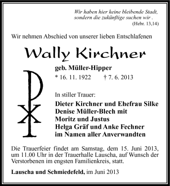 Traueranzeige von Wally Kirchner von Südthüringer Presse