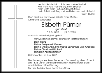 Traueranzeige von Elsbeth Pürner von Frankenpost