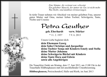 Traueranzeige von Petra Geuther von Südthüringer Presse