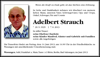 Traueranzeige von Adelbert Strauch von Südthüringer Presse