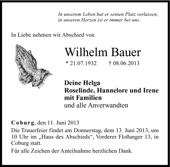 Traueranzeige von Wilhelm Bauer von Neue Presse Coburg