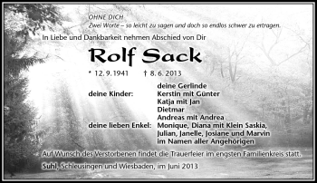 Traueranzeige von Rolf Sack von Südthüringer Presse