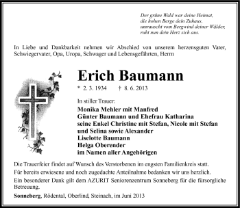 Traueranzeige von Erich Baumann von Südthüringer Presse