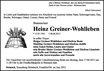 Traueranzeige von Heinz Greiner-Wohlleben von Südthüringer Presse