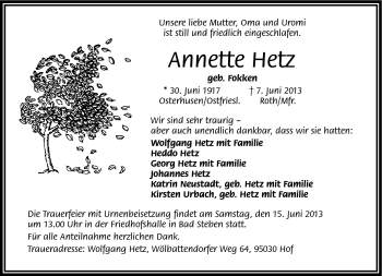 Traueranzeige von Annette Hetz von Frankenpost