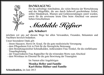 Traueranzeige von Mathilde Häfner von Südthüringer Presse