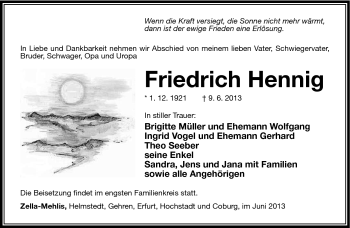 Traueranzeige von Friedrich Hennig von Südthüringer Presse