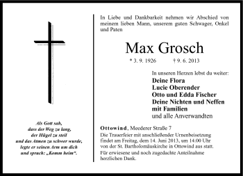 Traueranzeige von Max Grosch von Neue Presse Coburg