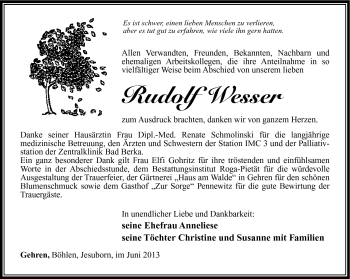 Traueranzeige von Rudolf Wesser von Südthüringer Presse