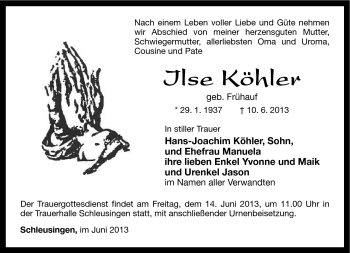 Traueranzeige von Ilse Köhler von Südthüringer Presse