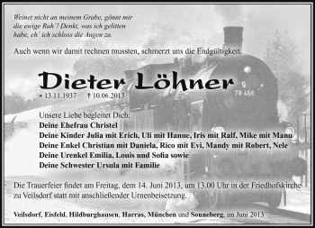 Traueranzeige von Dieter Löhner von Südthüringer Presse