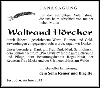 Traueranzeige von Waltraud Hörcher von Südthüringer Presse