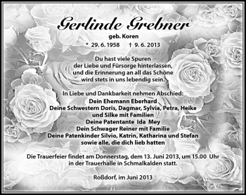 Traueranzeige von Gerlinde Grebner von Südthüringer Presse