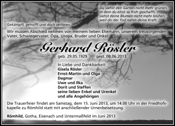 Traueranzeige von Gerhard Rösler von Südthüringer Presse