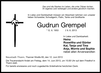 Traueranzeige von Gudrun Grempel von Neue Presse Coburg