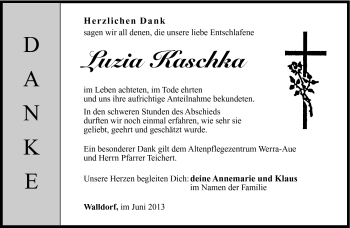 Traueranzeige von Luzia Kaschka von Südthüringer Presse