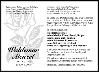 Traueranzeige von Waldemar Menzel von Südthüringer Presse