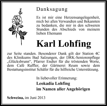 Traueranzeige von Karl Lohfing von Südthüringer Presse
