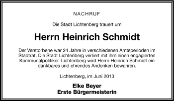 Traueranzeige von Heinrich Schmidt von Frankenpost