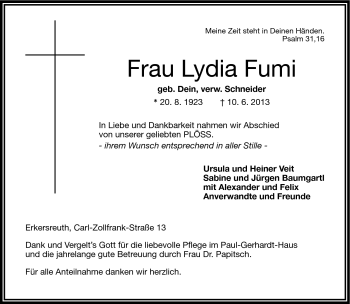 Traueranzeige von Lydia Fumi von Frankenpost