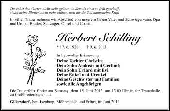 Traueranzeige von Herbert Schilling von Südthüringer Presse
