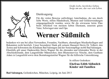Traueranzeige von Werner Süßmilch von Südthüringer Presse