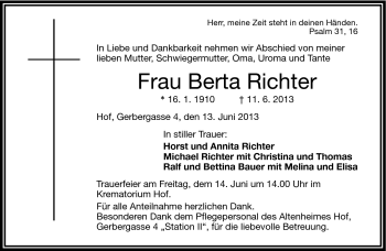 Traueranzeige von Berta Richter von Frankenpost